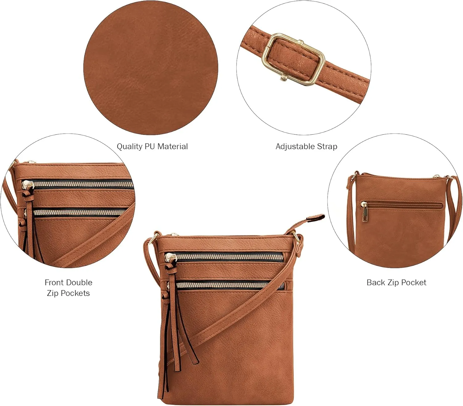 DELUXITY | Crossbody Purse Bag | Functional Multi Pocket Double Zipper Purse | Adjustable Strap | Medium Size Purse |Cognac