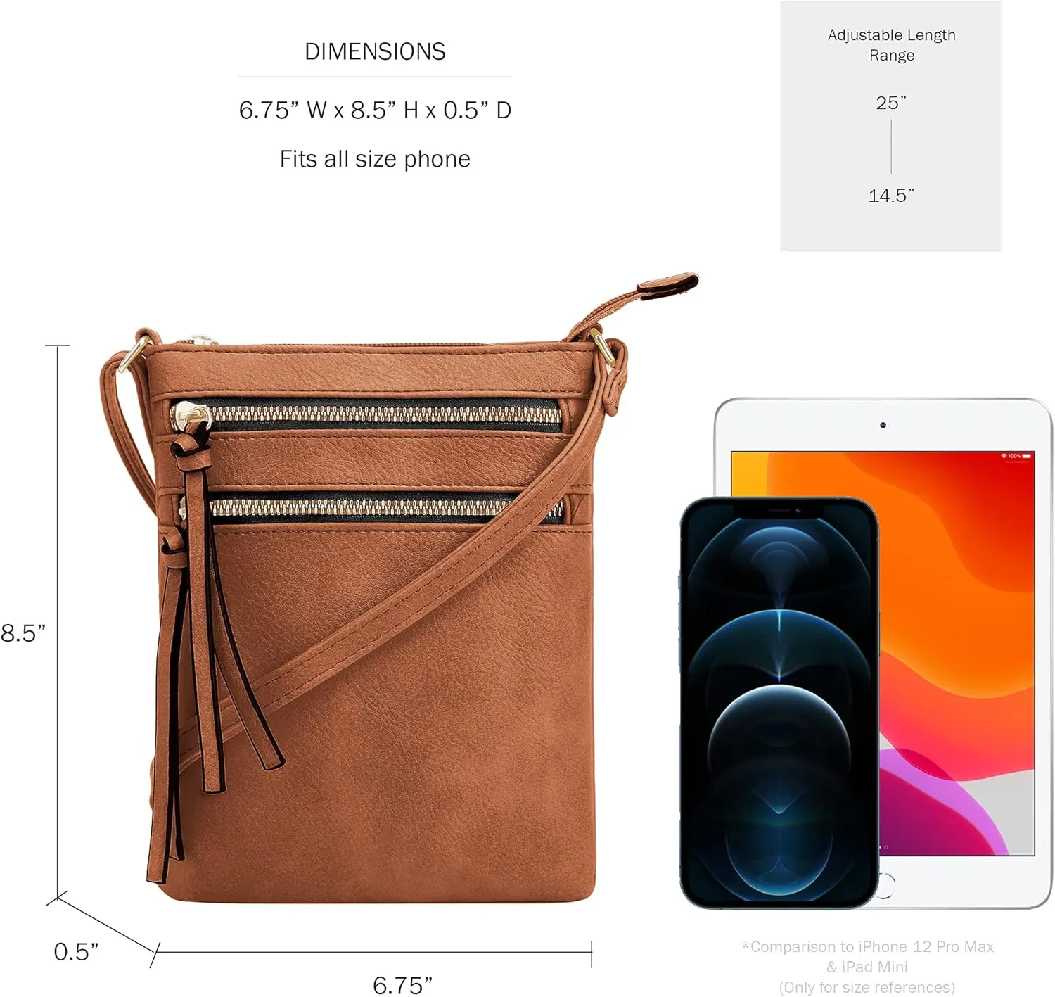 DELUXITY | Crossbody Purse Bag | Functional Multi Pocket Double Zipper Purse | Adjustable Strap | Medium Size Purse |Cognac