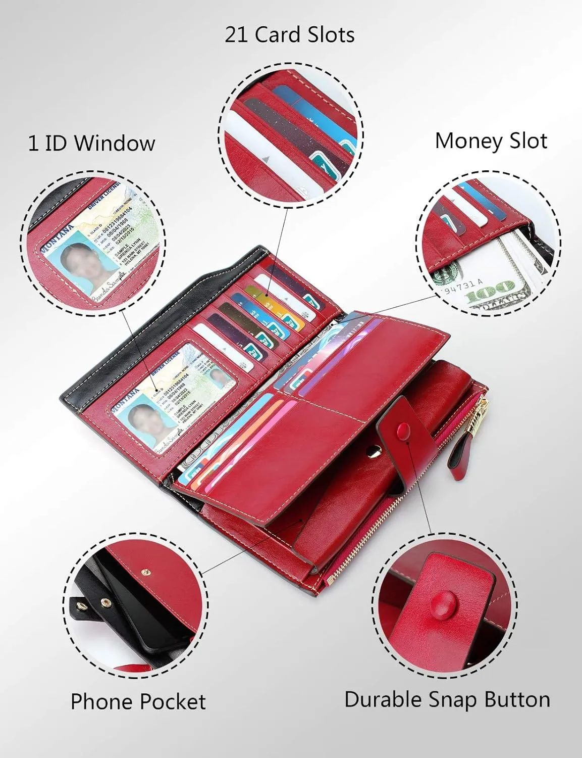 Demon&Hunter Women's RFID Blocking Large Capacity Luxury Wax Genuine Leather Purse Wallet DZA2083