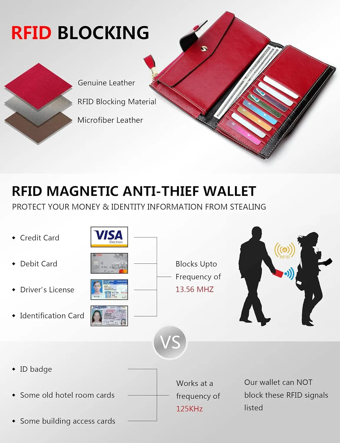 Demon&Hunter Women's RFID Blocking Large Capacity Luxury Wax Genuine Leather Purse Wallet DZA2083