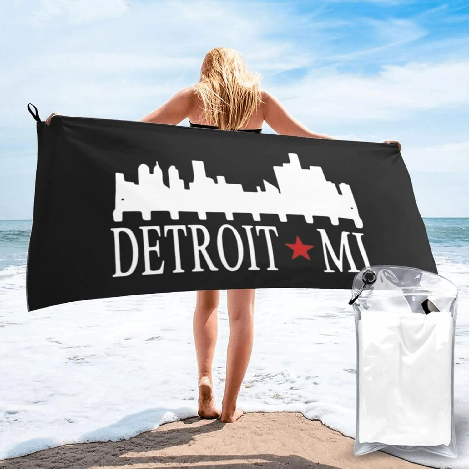 Detroits Michigan Beach Towel with Travel Bag 31.5"x63" Quick Dry Sand Free Lightweight Large Oversized Towels Light Vacation Essentials