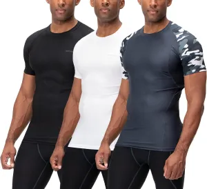 DEVOPS 3 Pack Men's Cool Dry Short Sleeve Compression Shirts, Sports Baselayer T-Shirts Tops, Athletic Workout Shirt