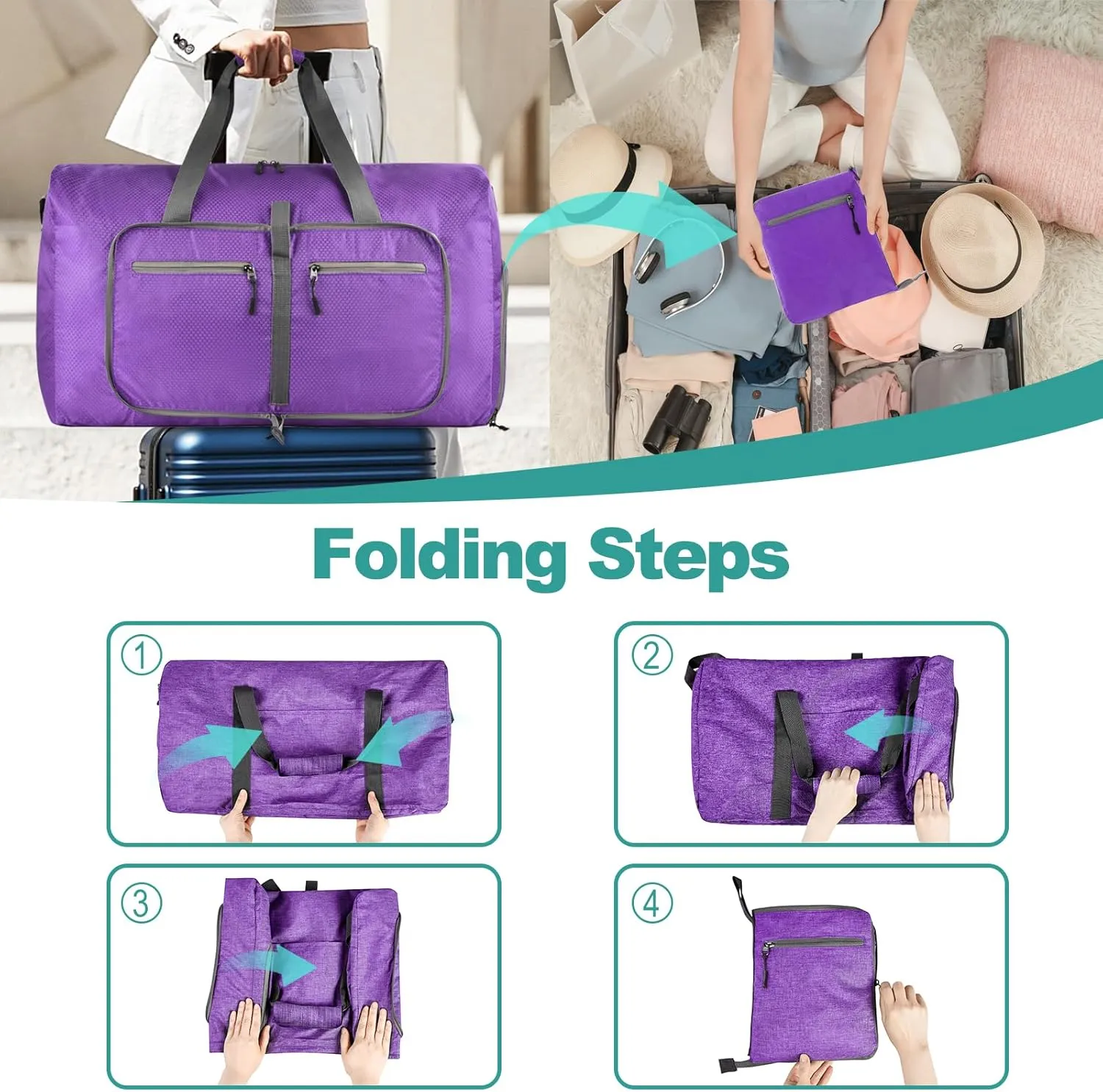 Dimayar Travel Duffle Bag for Men Women - Foldable Duffel Bag with Shoes Compartment - Overnight Bags Waterproof & Tear Resistant(115L,Purple)