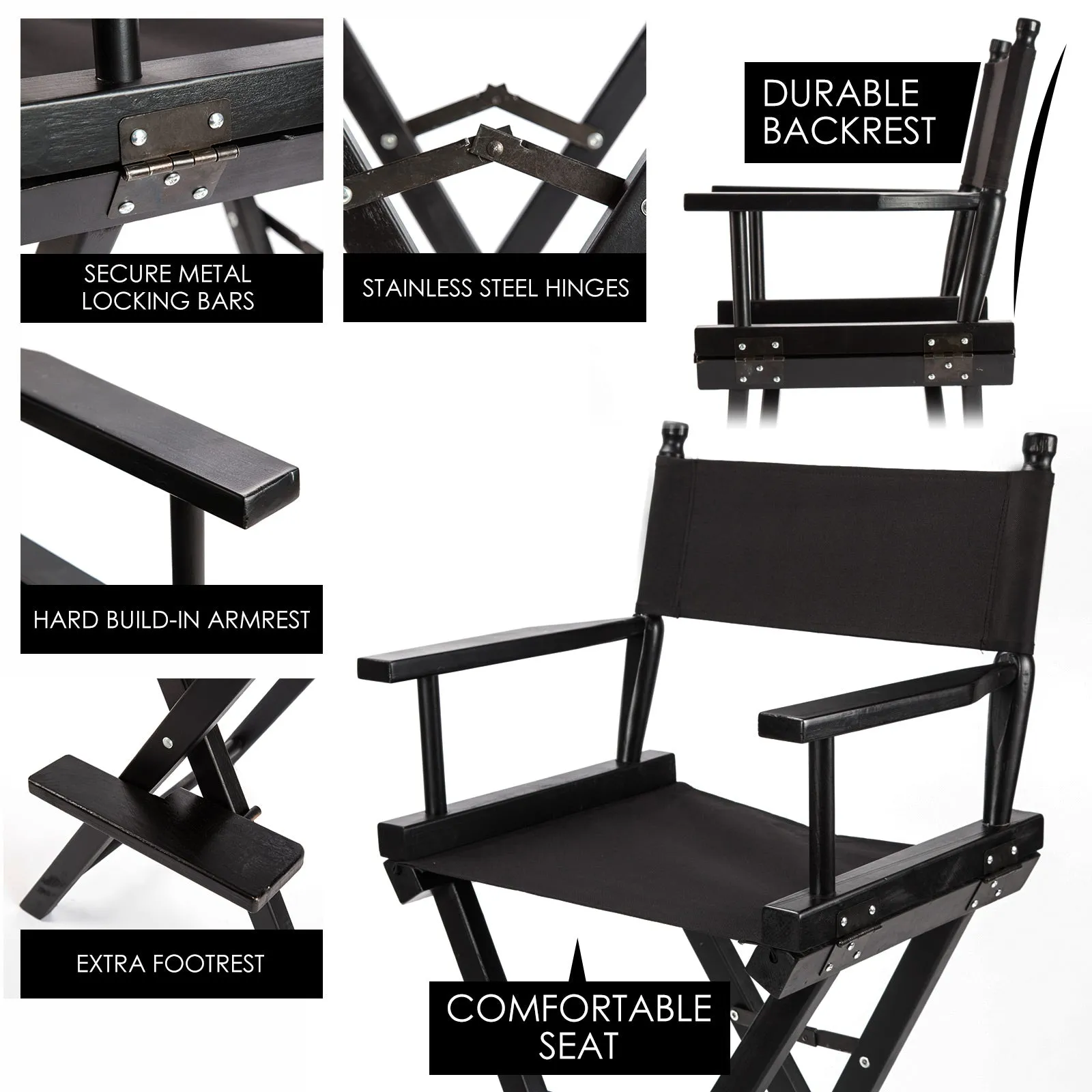 Directors Chair Tall Folding Studio Bar Stool Seat 75cm - Black