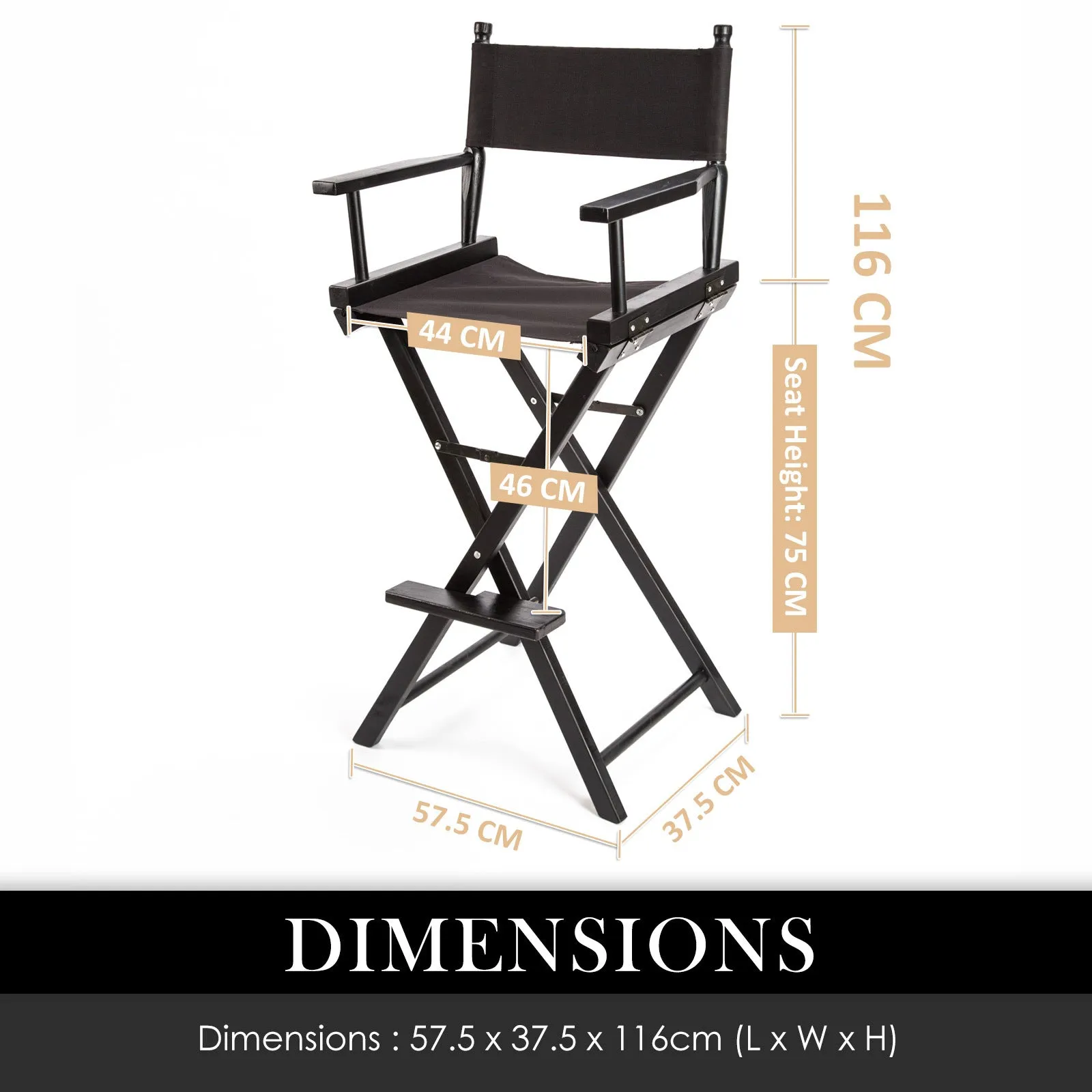 Directors Chair Tall Folding Studio Bar Stool Seat 75cm - Black