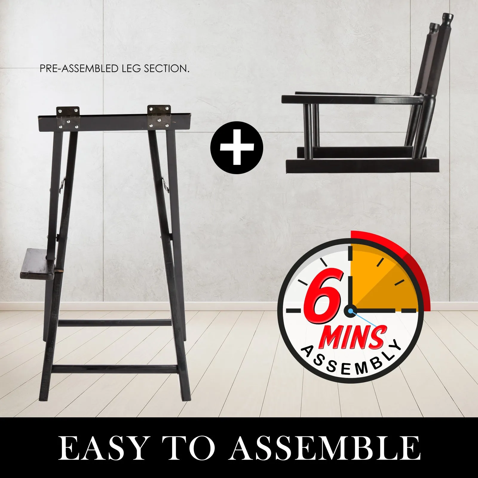 Directors Chair Tall Folding Studio Bar Stool Seat 75cm - Black