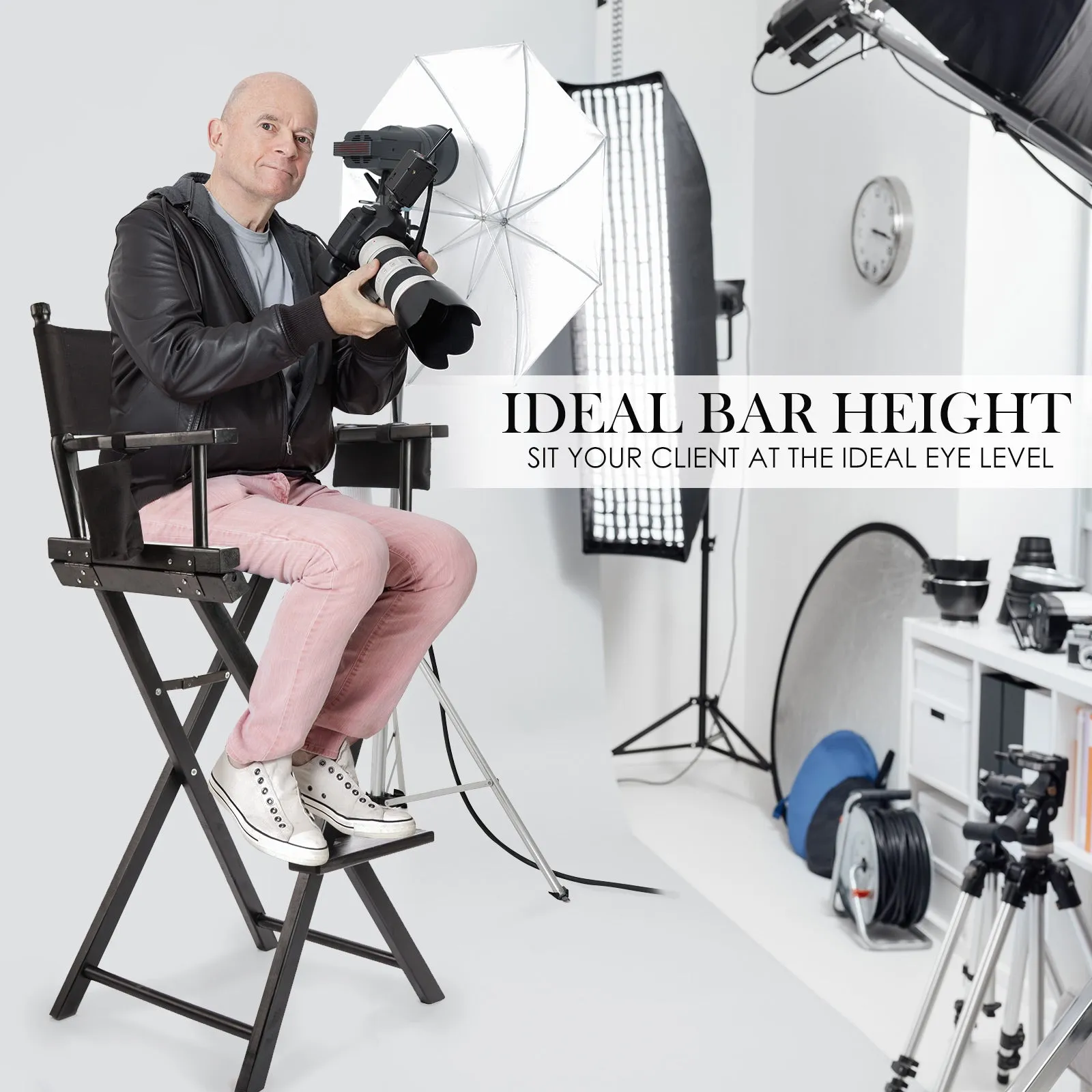 Directors Chair Tall Folding Studio Bar Stool Seat 75cm - Black