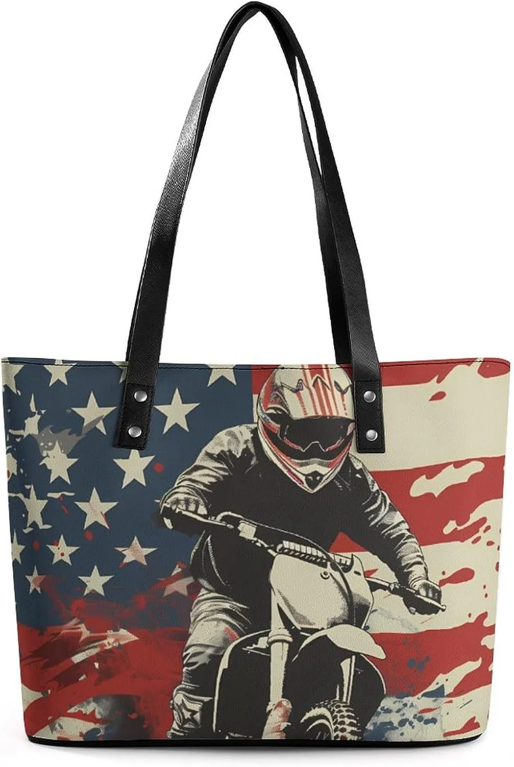 Dirt Bike U.S. Flag Motocross Biker Women's Tote Shoulder Bag Handbag Top Handle Leather 29 * 34 * 14cm