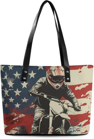 Dirt Bike U.S. Flag Motocross Biker Women's Tote Shoulder Bag Handbag Top Handle Leather 29 * 34 * 14cm