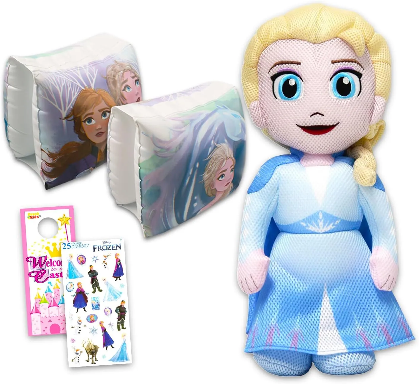 Disney Elsa Plush Swim Toy Set - Bundle with 16" Frozen Elsa Plushy, Arm Floaties, Plus Stickers, More | Disney Frozen Doll Plush for Kids, Boys, Girls