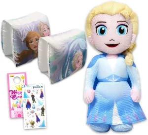Disney Elsa Plush Swim Toy Set - Bundle with 16" Frozen Elsa Plushy, Arm Floaties, Plus Stickers, More | Disney Frozen Doll Plush for Kids, Boys, Girls