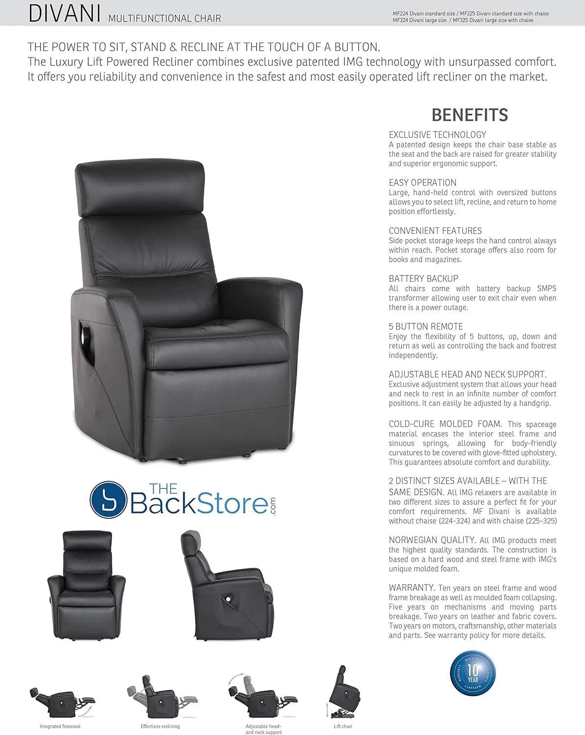Divani MF Large MF325 Cognac Trend Leather Infinite Position Dual Motor Power Lift Chair Recliner Relaxer -