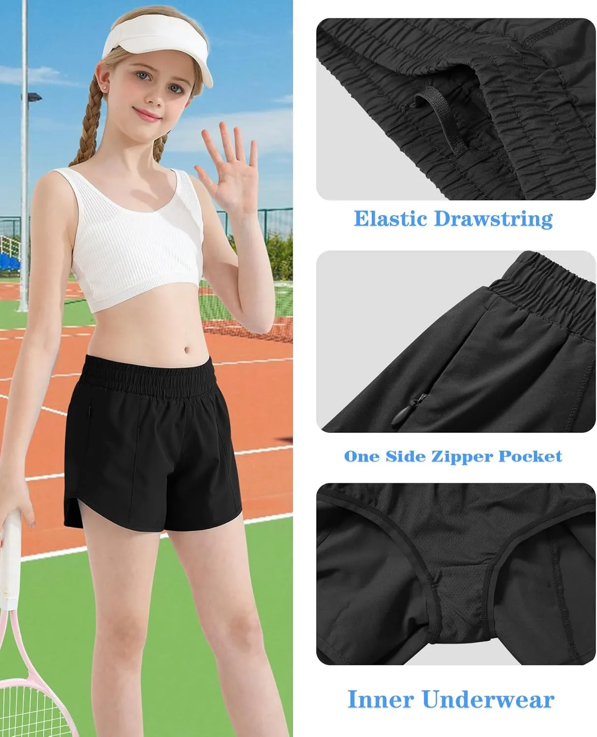 DOCUMO Girl's Athletic Shorts with Liner Zipper Pockets Quick Dry Running Shorts Sports Active Shorts for Teen Girls