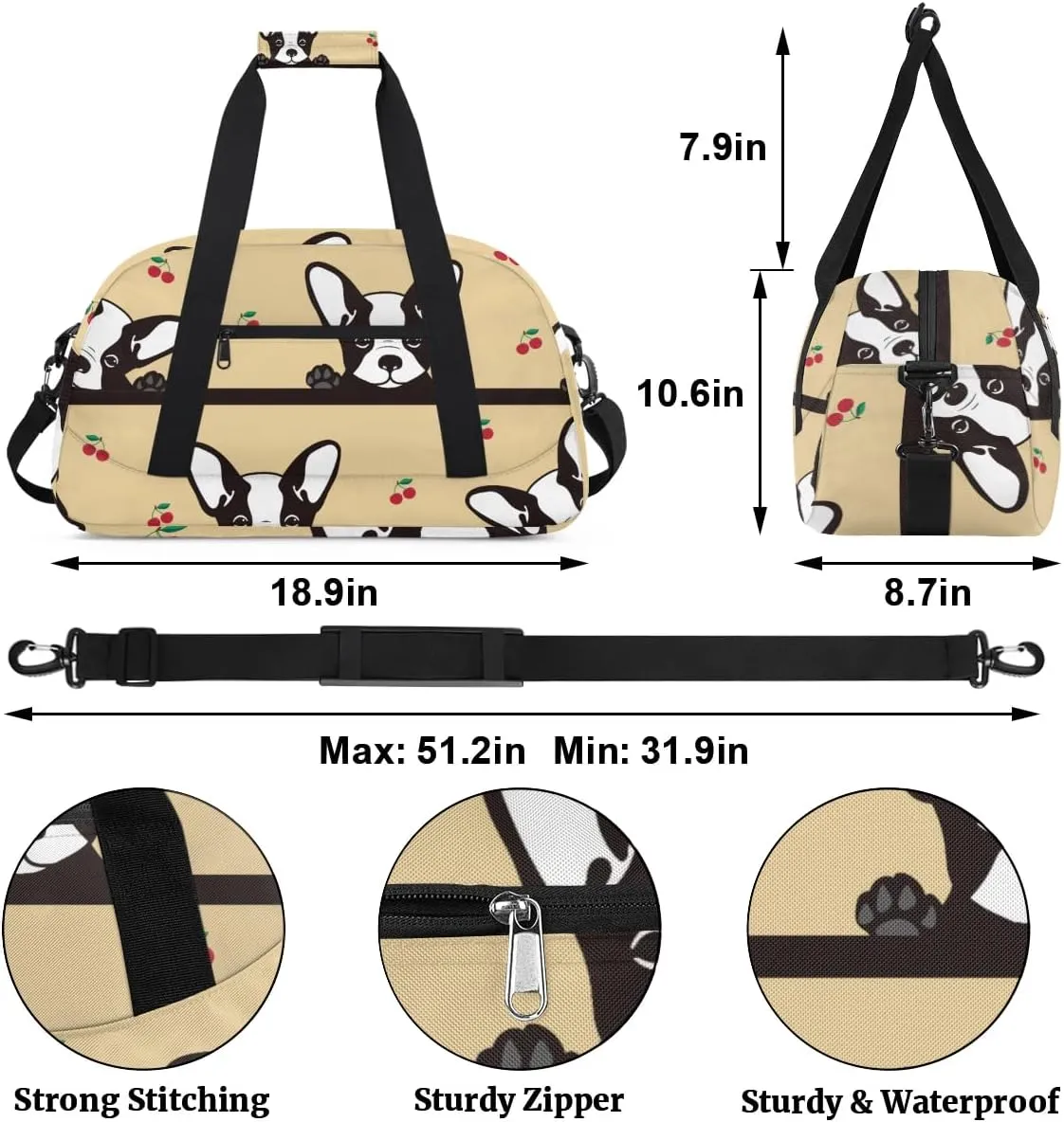 Dog Animals Texture Gym Bag Sports Duffle Bag Weekend Sleepover Duffel Bags Small Travel Tote for Overnight Workout Gymnastics Dance Ballet