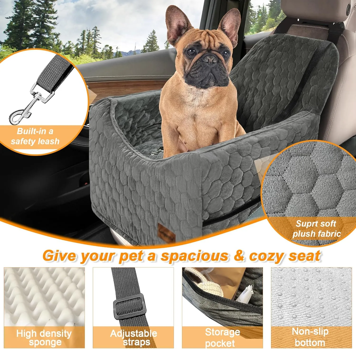 Dog Car Seat for Small/Medium Dogs, Memory Foam Dog Booster Seat, Travel Safety Per Car Seat with Washable Removable Cover, Storage Pockets for Dogs up to 35 lbs(Gray)