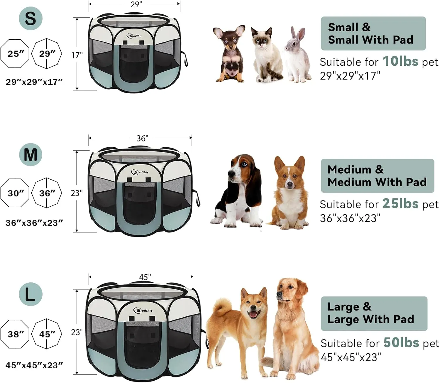 Dog Cat Playpen, Puppy Pet Playpen Indoor for Small Dogs Tent Crates Cage Outdoor, Portable Pop Up Dog Kennel Playpen with Carrying Case for Dogs/Cats/Rabbits, Removable Zipper Top, Grey
