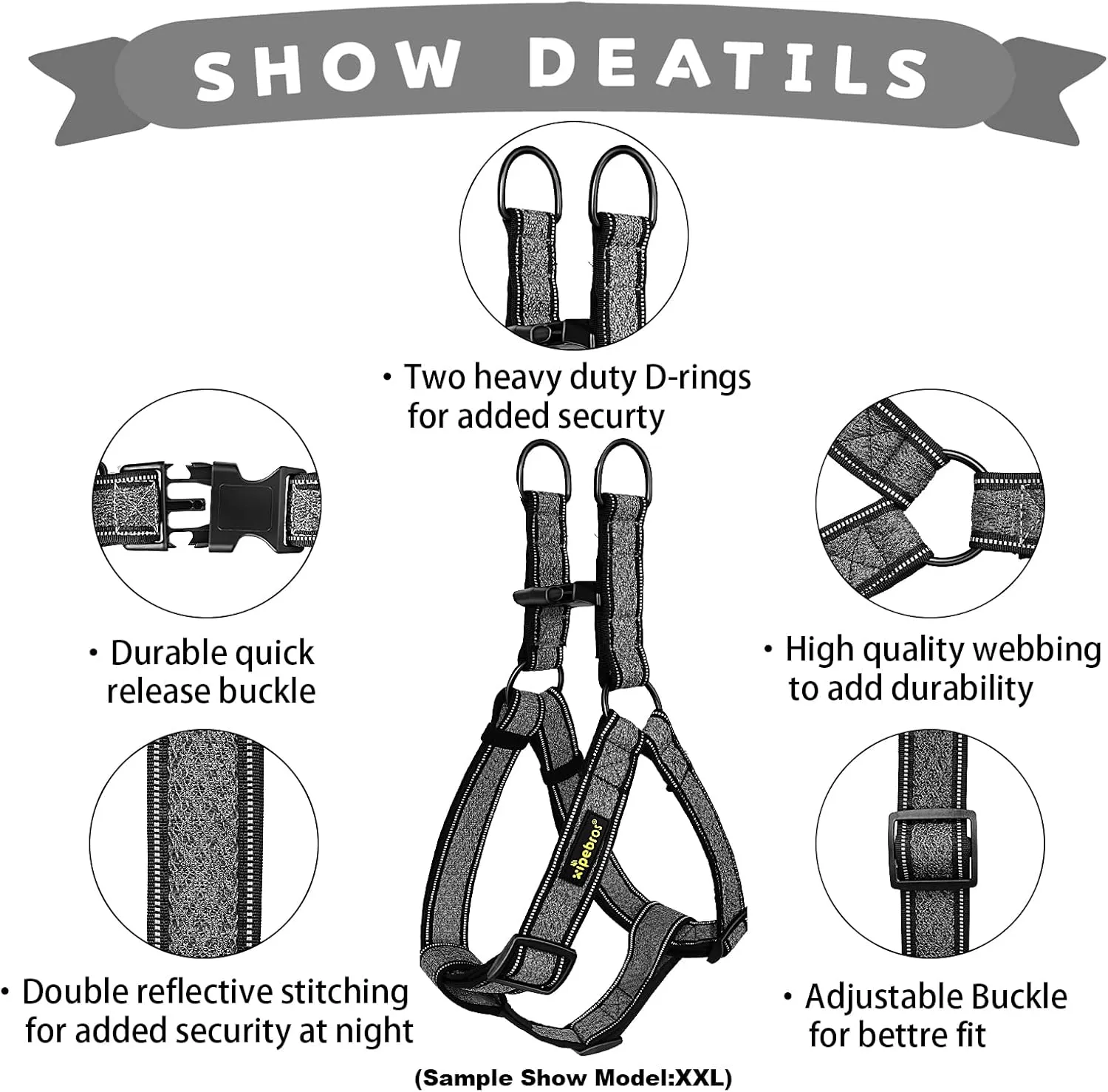 Dog Harness, No Pull, Reflective, Adjustable, XL, Black for Medium/Large Dogs