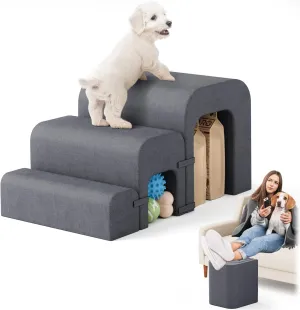 Dog Stairs for Small Dogs(Under 22LB), 3-Step Dog Ramp for Bed, Pet Stairs for Small Medium Dogs and Pets with Storage for Bed Couch Sofa Climbing, Lightweight and Comfort, Grey