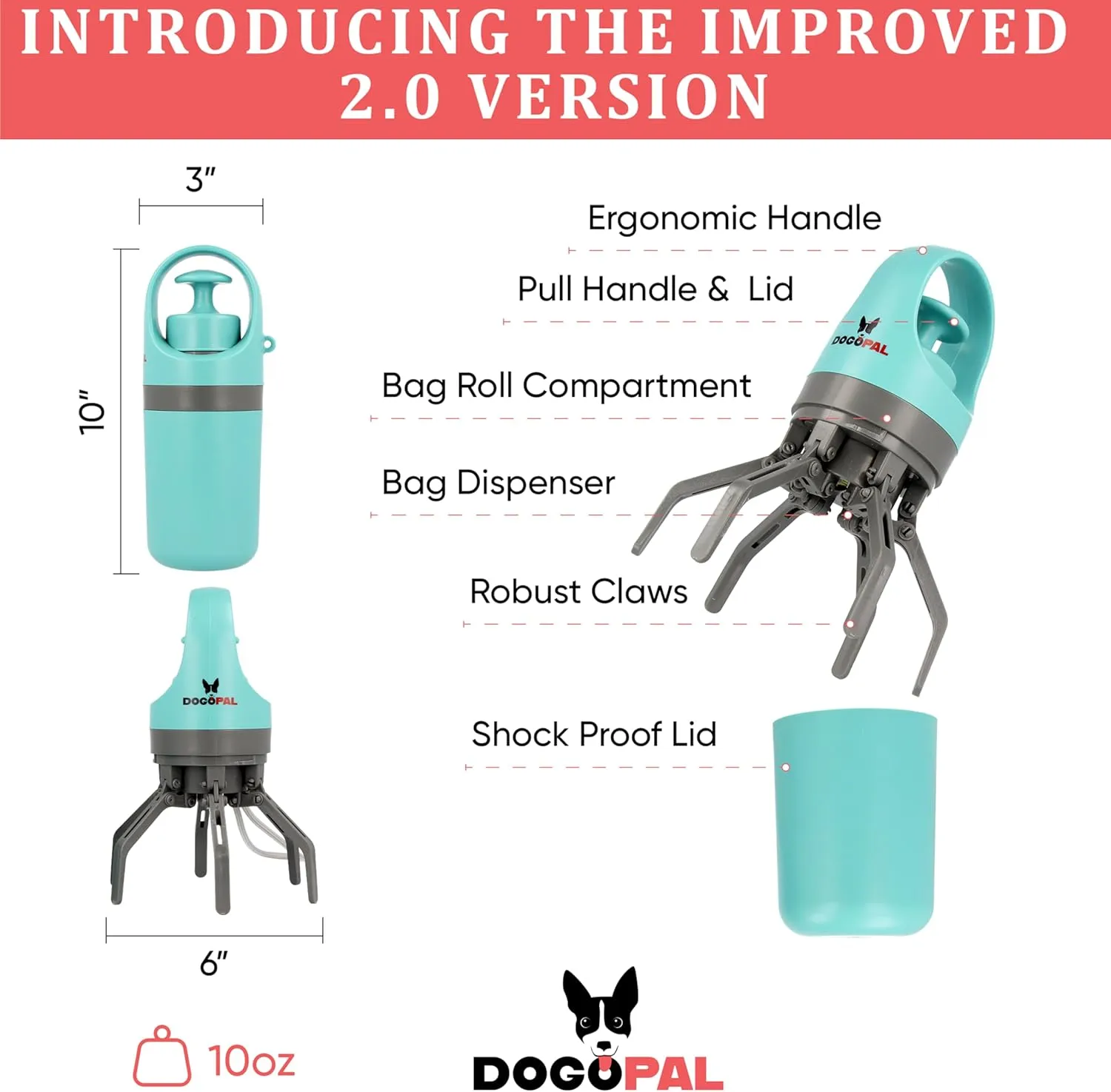 DOGOPAL 360 Portable Pooper Scooper with Bag Attachment & Dispenser – Lightweight Claw Poop Picker – Ideal for Small & Large Dogs – No-Touch, Hands-Free Waste Removal