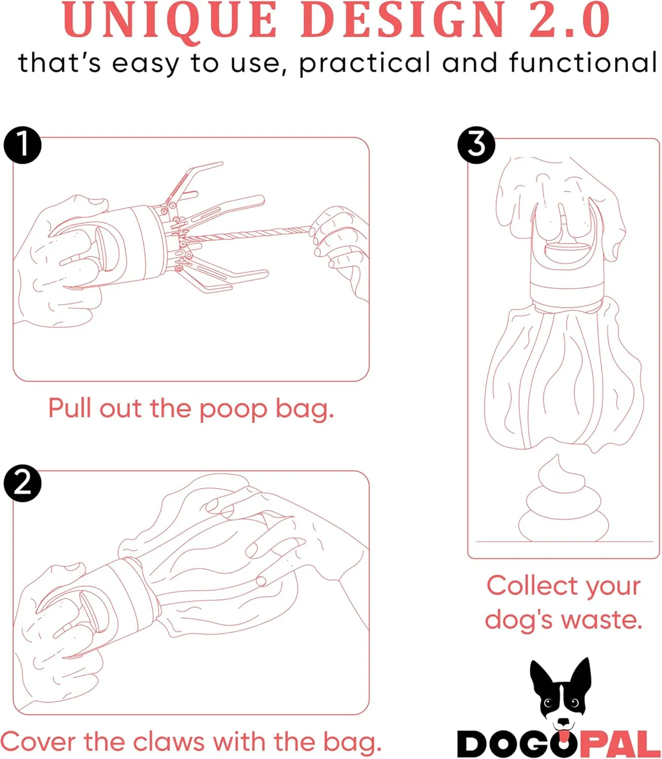 DOGOPAL 360 Portable Pooper Scooper with Bag Attachment & Dispenser – Lightweight Claw Poop Picker – Ideal for Small & Large Dogs – No-Touch, Hands-Free Waste Removal
