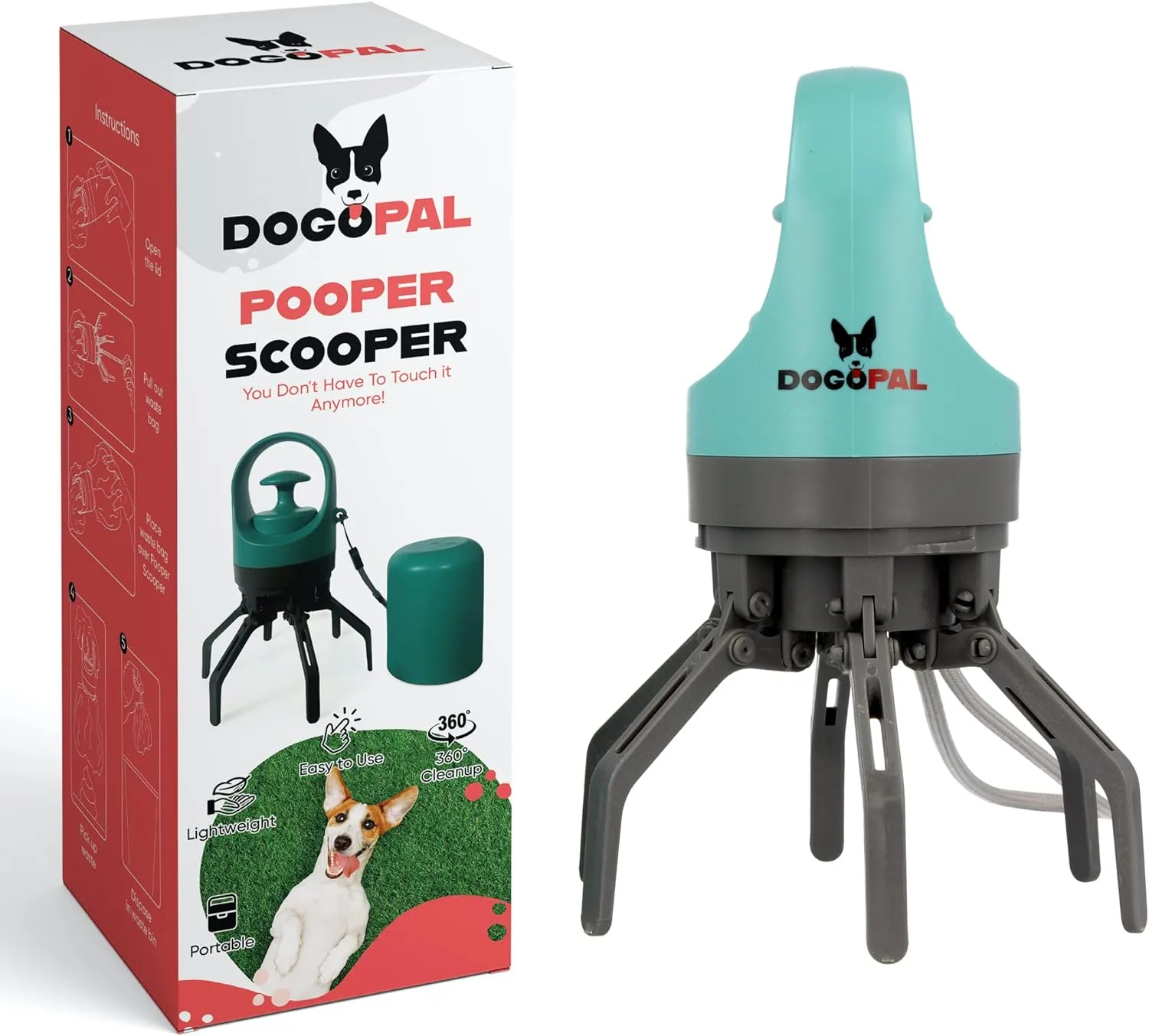DOGOPAL 360 Portable Pooper Scooper with Bag Attachment & Dispenser – Lightweight Claw Poop Picker – Ideal for Small & Large Dogs – No-Touch, Hands-Free Waste Removal