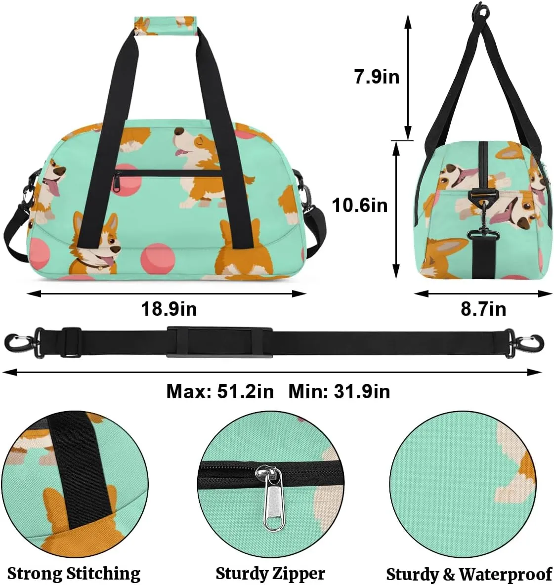 Dogs Fun Decor Gym Bag Sports Duffle Bag Weekend Sleepover Duffel Bags Small Travel Tote for Overnight Workout Gymnastics Dance Ballet