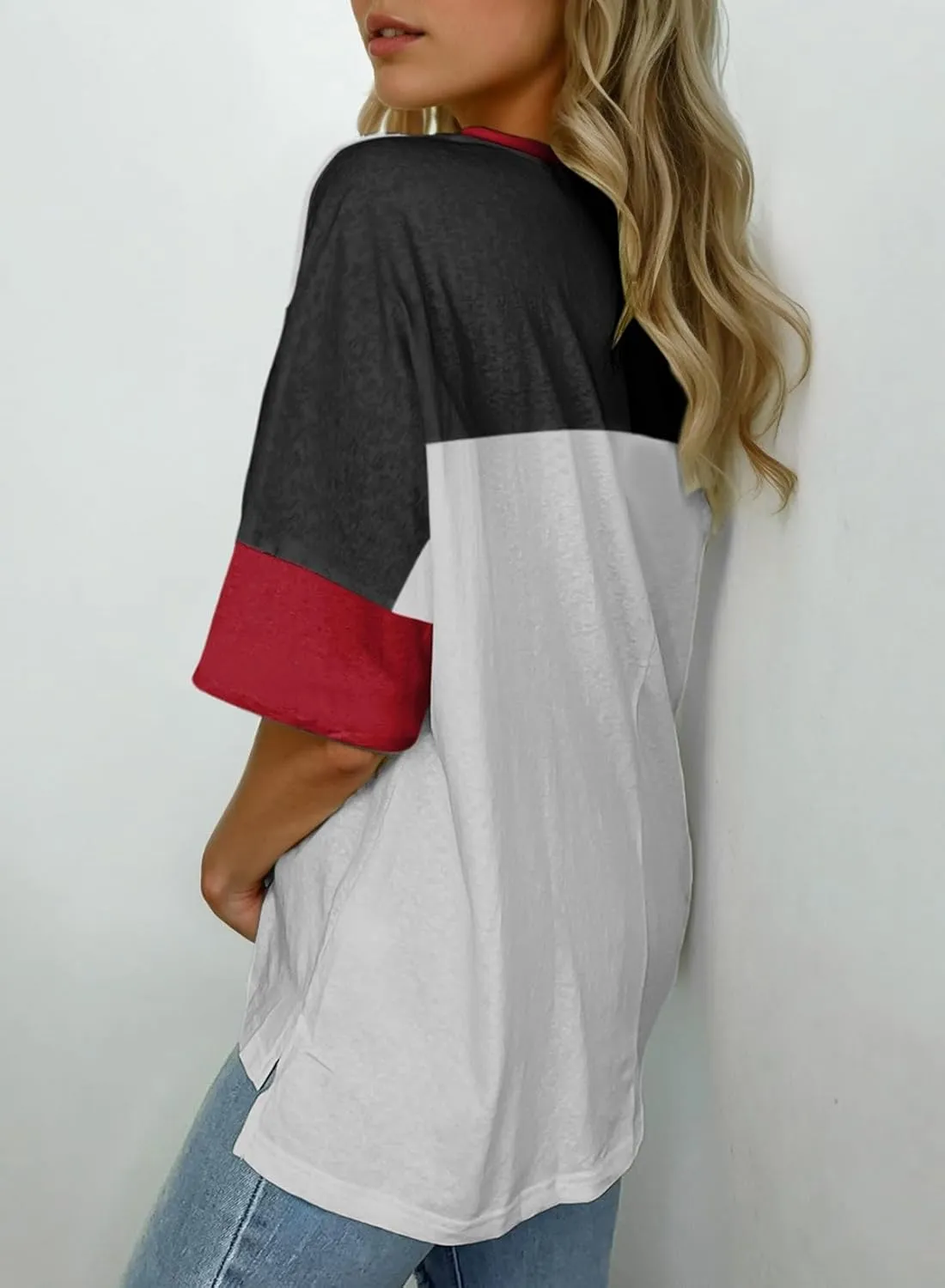 Dokotoo Womens Tops Oversized Trendy Shirts 2025 Summer Color Block Crewneck Business Casual Womens Blouses S-2XL