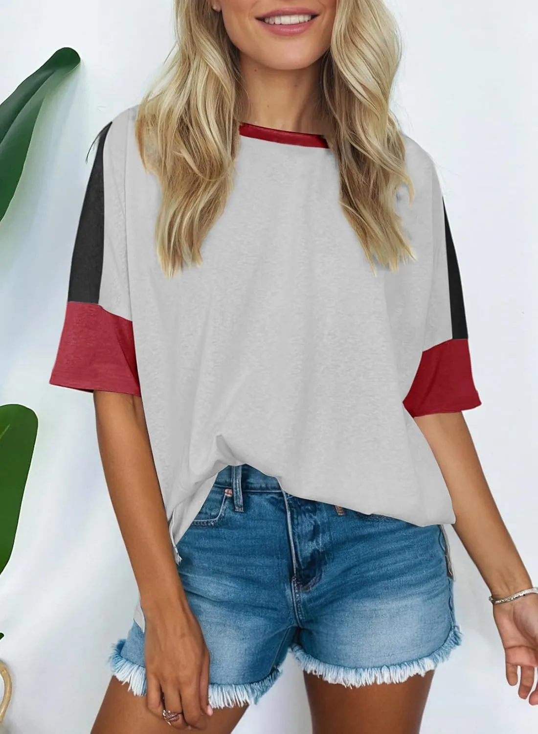 Dokotoo Womens Tops Oversized Trendy Shirts 2025 Summer Color Block Crewneck Business Casual Womens Blouses S-2XL