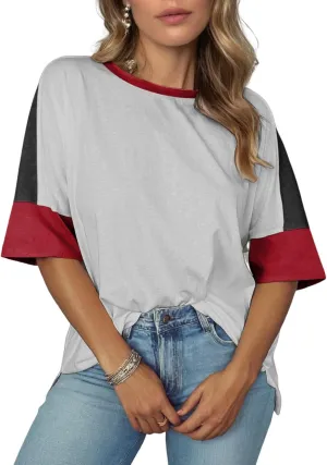 Dokotoo Womens Tops Oversized Trendy Shirts 2025 Summer Color Block Crewneck Business Casual Womens Blouses S-2XL