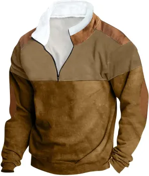 DOLKFU Men's Hoodies 1/4 Zipper Stand Collar Sweatshirts Sherpa Lined Fleece Loose Fit Pullover Tops With Elbow Patches