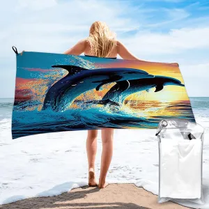 Dolphins Jumping at Sunset Pattern Microfiber Beach Towel,Quick Dry Super Absorbent Lightweight Oversized Large Towels Blanket for Travel Pool Swimming Bath,27.5 x 55 inch
