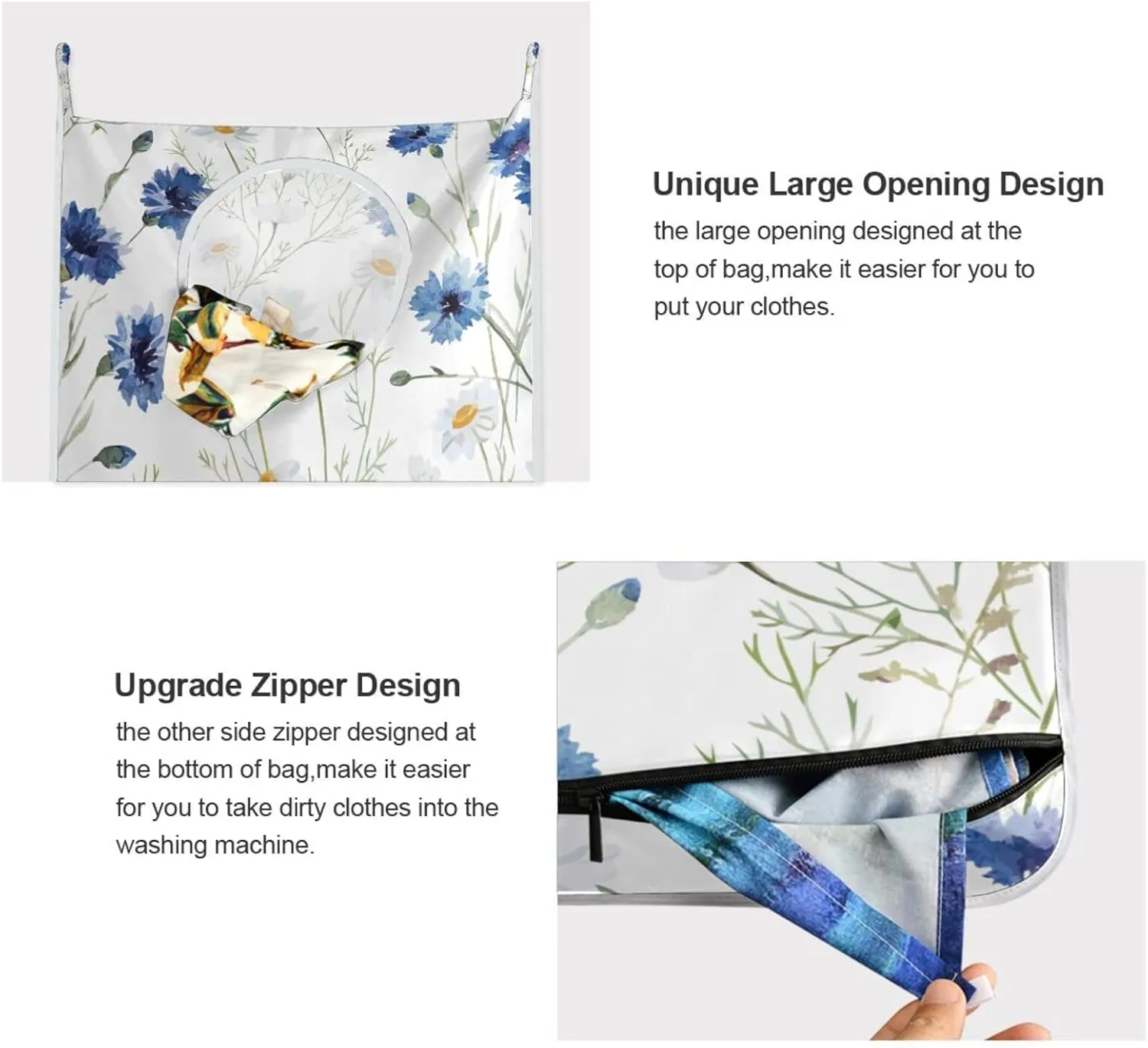 Door Hanging Laundry Hamper Bag with Free Adjustable Stainless Steel Hooks Dirty Clothes Hamper Extra Large Over the Door Laundry Hamper White Floral Daisy 29.5X20inch 1 PCS