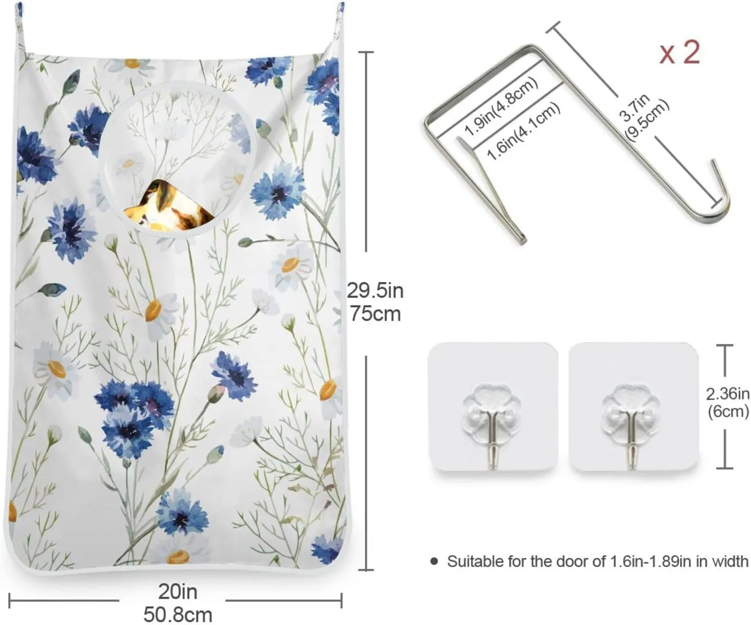 Door Hanging Laundry Hamper Bag with Free Adjustable Stainless Steel Hooks Dirty Clothes Hamper Extra Large Over the Door Laundry Hamper White Floral Daisy 29.5X20inch 1 PCS