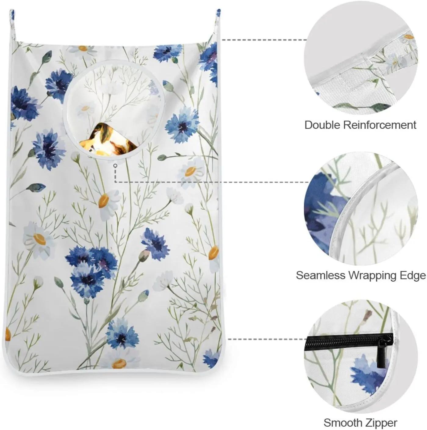 Door Hanging Laundry Hamper Bag with Free Adjustable Stainless Steel Hooks Dirty Clothes Hamper Extra Large Over the Door Laundry Hamper White Floral Daisy 29.5X20inch 1 PCS