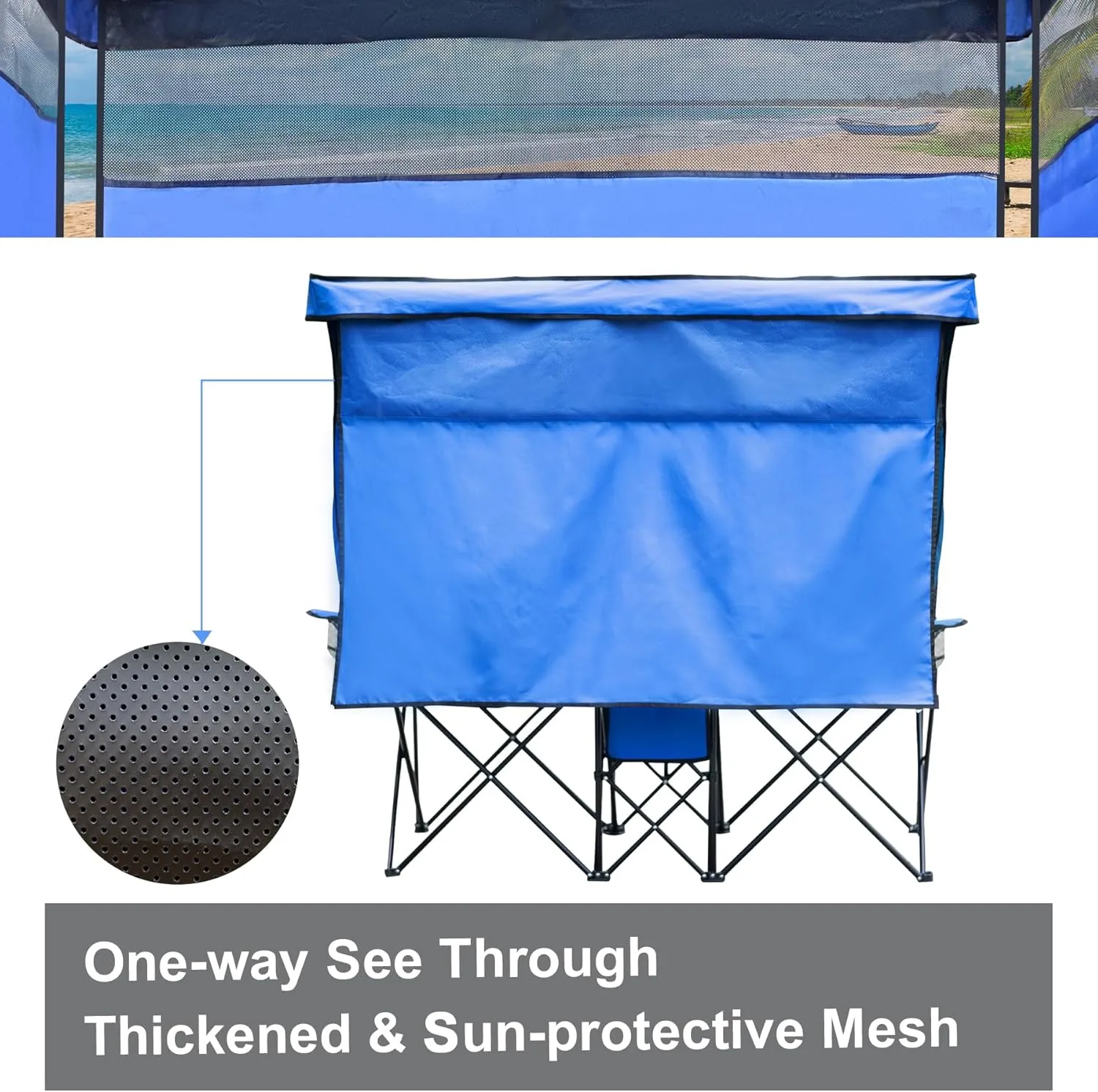 Double Beach Chair with Canopy Shade Oversized Camping Chairs with Cup Holder Cooler Bag Folding Loveseat Chairs for Camping Beach Lawn
