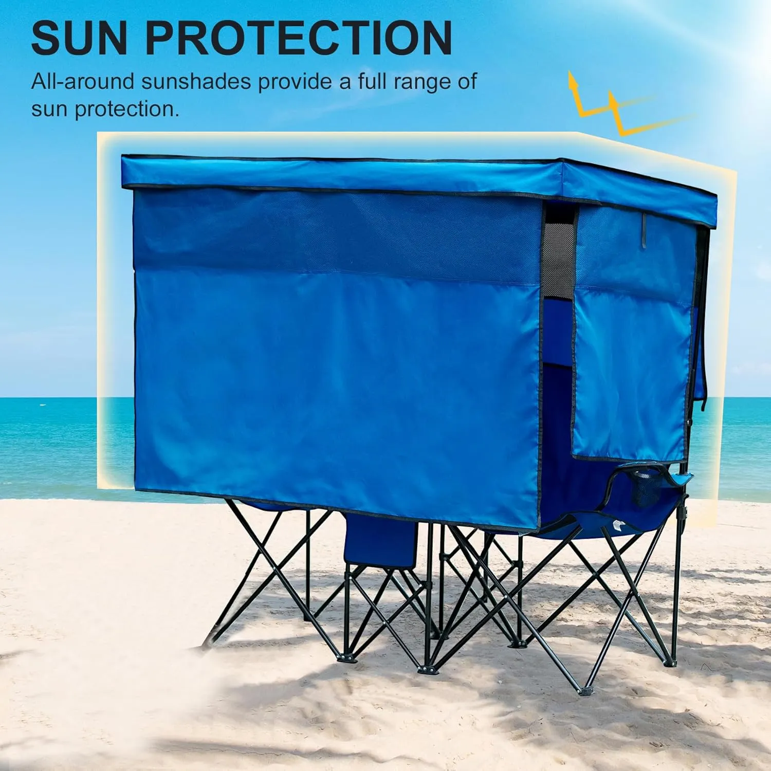Double Beach Chair with Canopy Shade Oversized Camping Chairs with Cup Holder Cooler Bag Folding Loveseat Chairs for Camping Beach Lawn