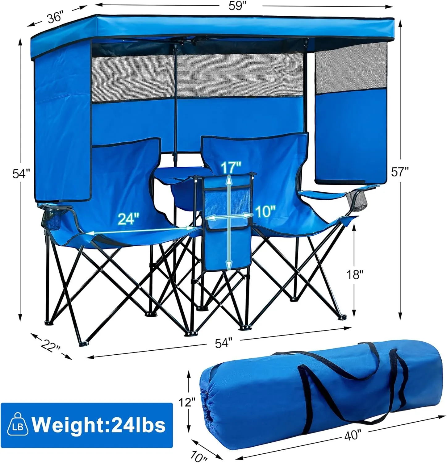 Double Beach Chair with Canopy Shade Oversized Camping Chairs with Cup Holder Cooler Bag Folding Loveseat Chairs for Camping Beach Lawn