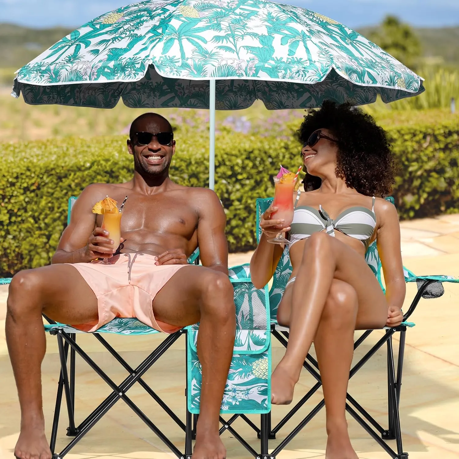 Double Camping Chair with Removable Umbrella,Folding Two-Person Seat Beach Chairs with Cup Holder Cooler Bag,Folding Camping Loveseat Chairs for Sports Lawn Patio Outside (Pineapple)