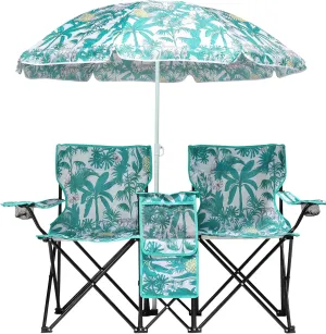 Double Camping Chair with Removable Umbrella,Folding Two-Person Seat Beach Chairs with Cup Holder Cooler Bag,Folding Camping Loveseat Chairs for Sports Lawn Patio Outside (Pineapple)