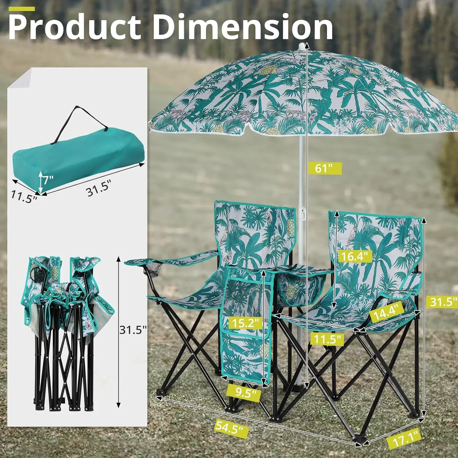 Double Camping Chair with Removable Umbrella,Folding Two-Person Seat Beach Chairs with Cup Holder Cooler Bag,Folding Camping Loveseat Chairs for Sports Lawn Patio Outside (Pineapple)