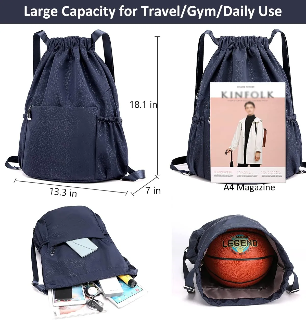 Drawstring Backpack Sports Yoga Sackpack for Women Men Waterproof Nylon Gym Sack DayPack with Multi Pockets (navy)