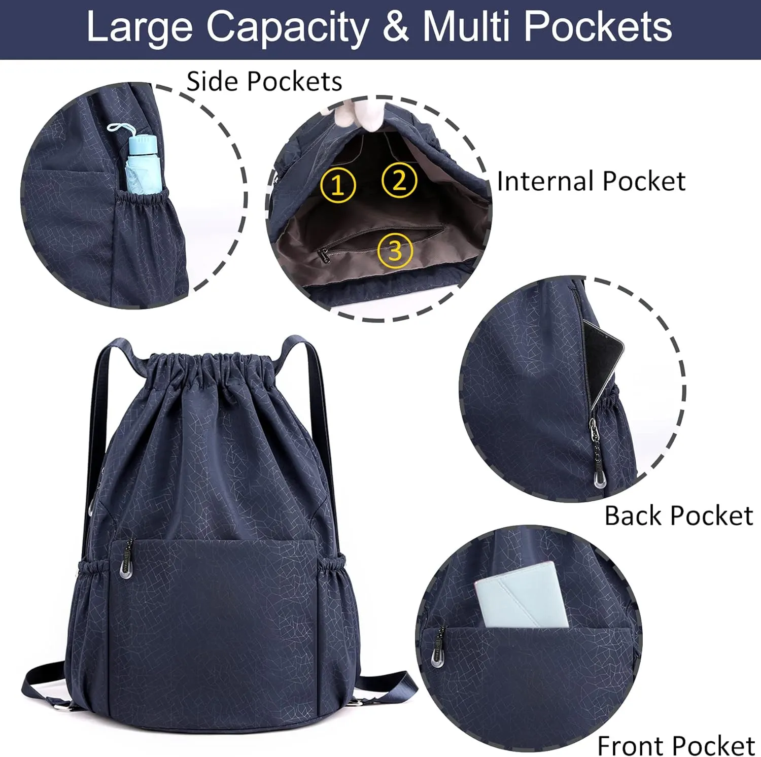 Drawstring Backpack Sports Yoga Sackpack for Women Men Waterproof Nylon Gym Sack DayPack with Multi Pockets (navy)