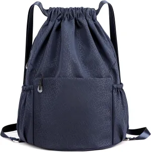Drawstring Backpack Sports Yoga Sackpack for Women Men Waterproof Nylon Gym Sack DayPack with Multi Pockets (navy)