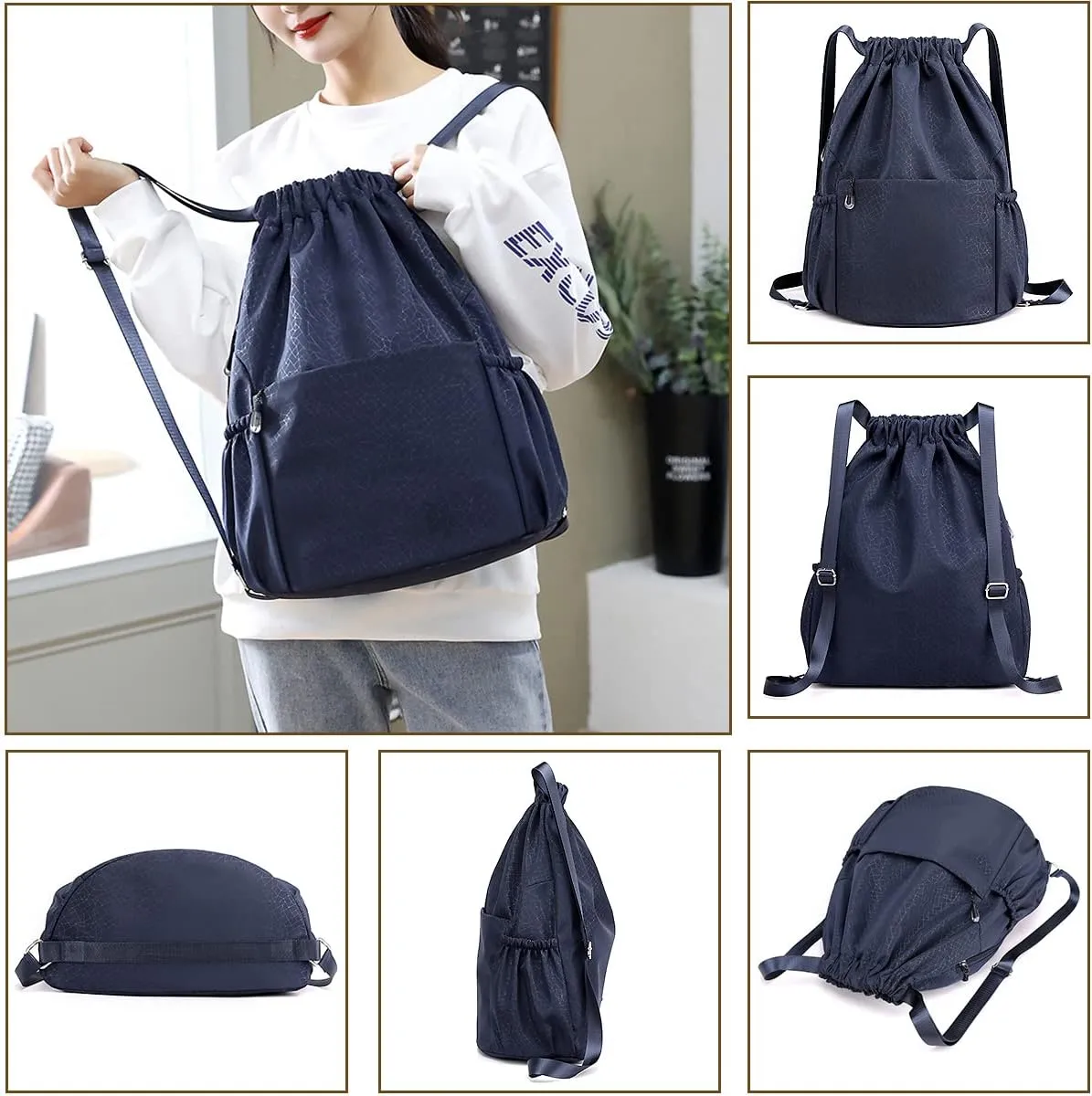Drawstring Backpack Sports Yoga Sackpack for Women Men Waterproof Nylon Gym Sack DayPack with Multi Pockets (navy)