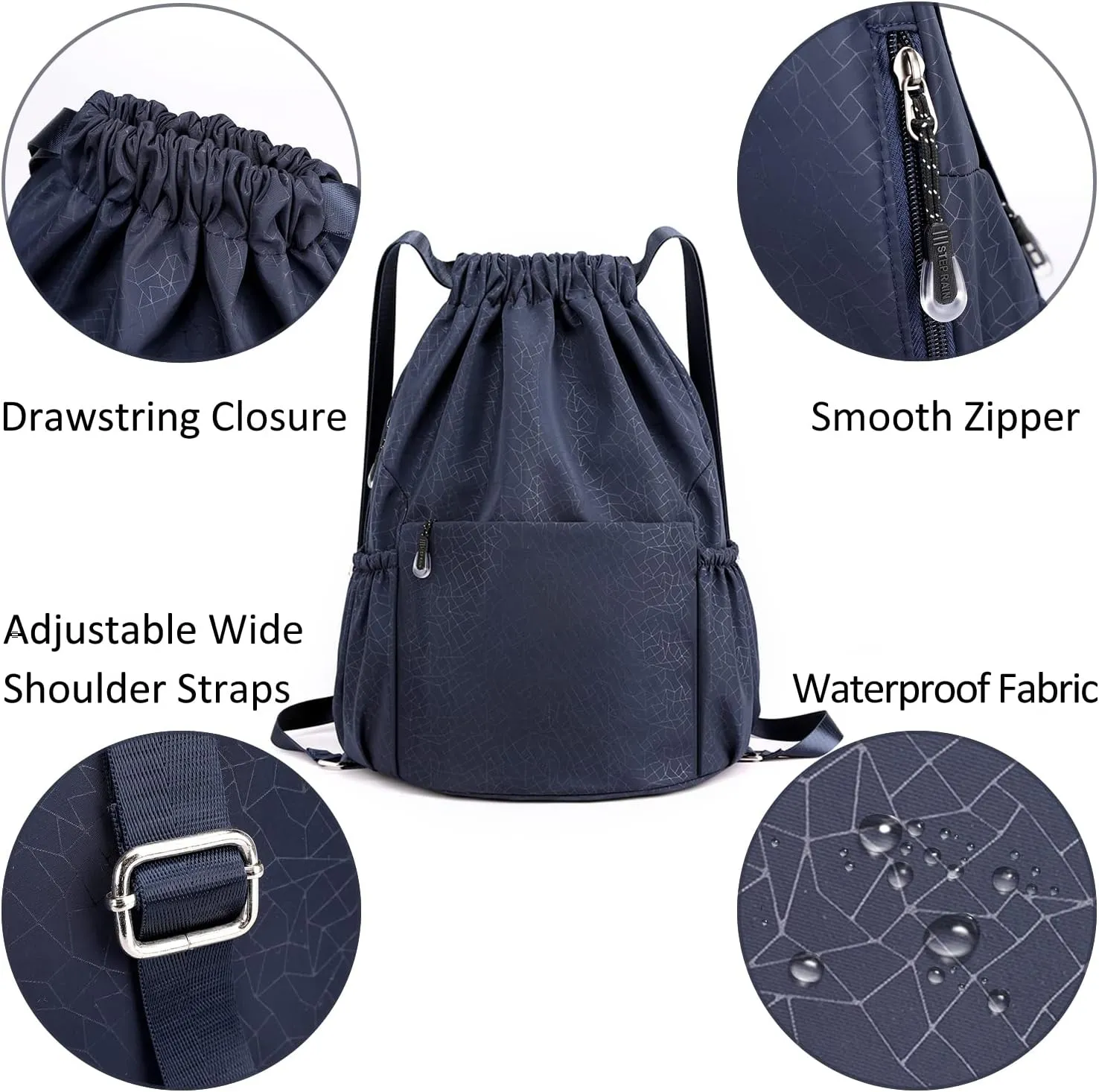 Drawstring Backpack Sports Yoga Sackpack for Women Men Waterproof Nylon Gym Sack DayPack with Multi Pockets (navy)