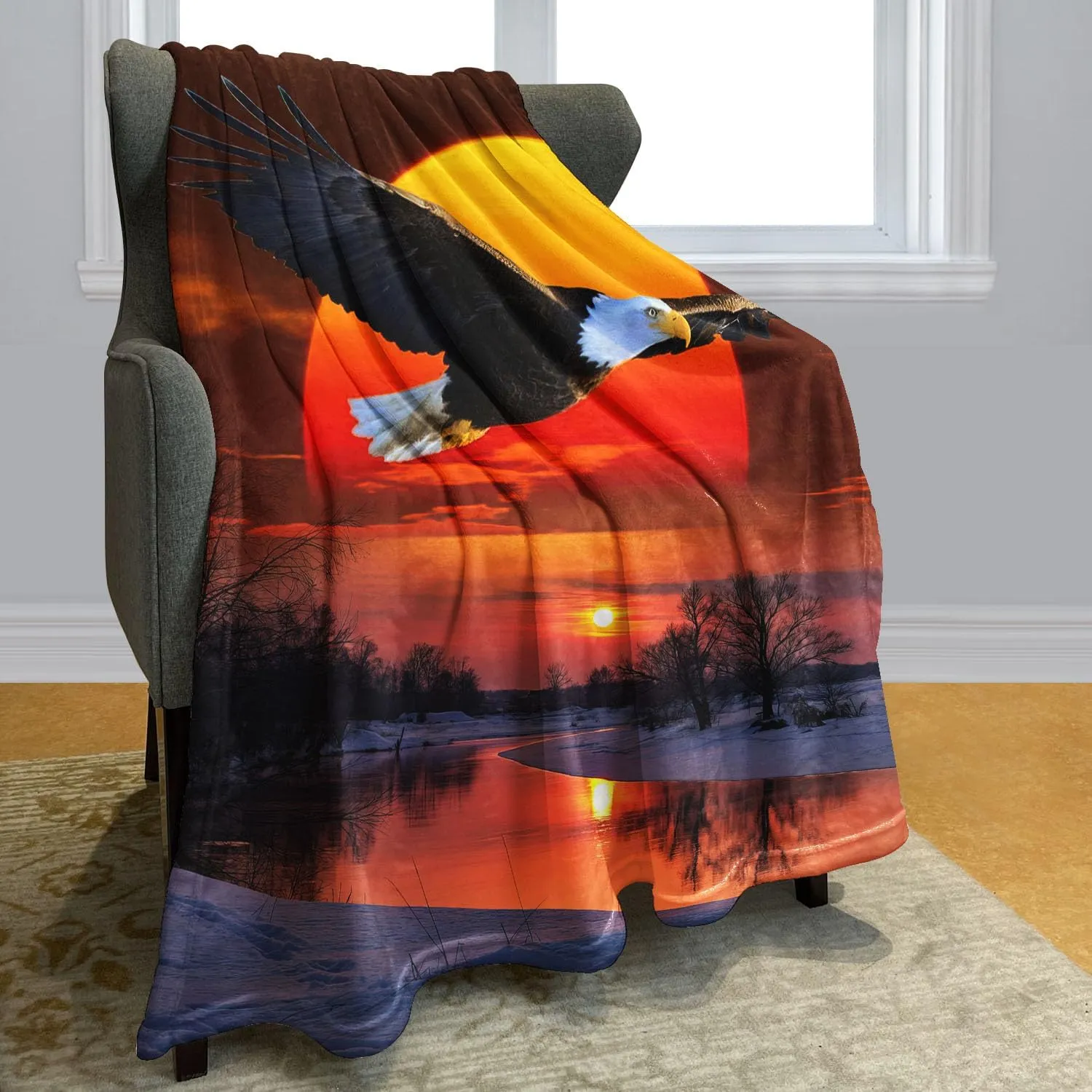 Eagle Blanket Sunset Hawk Flying Falcon Fleece Blanket Soft Fuzzy Plush Throw Blankets for Couch Bed 60"x80"