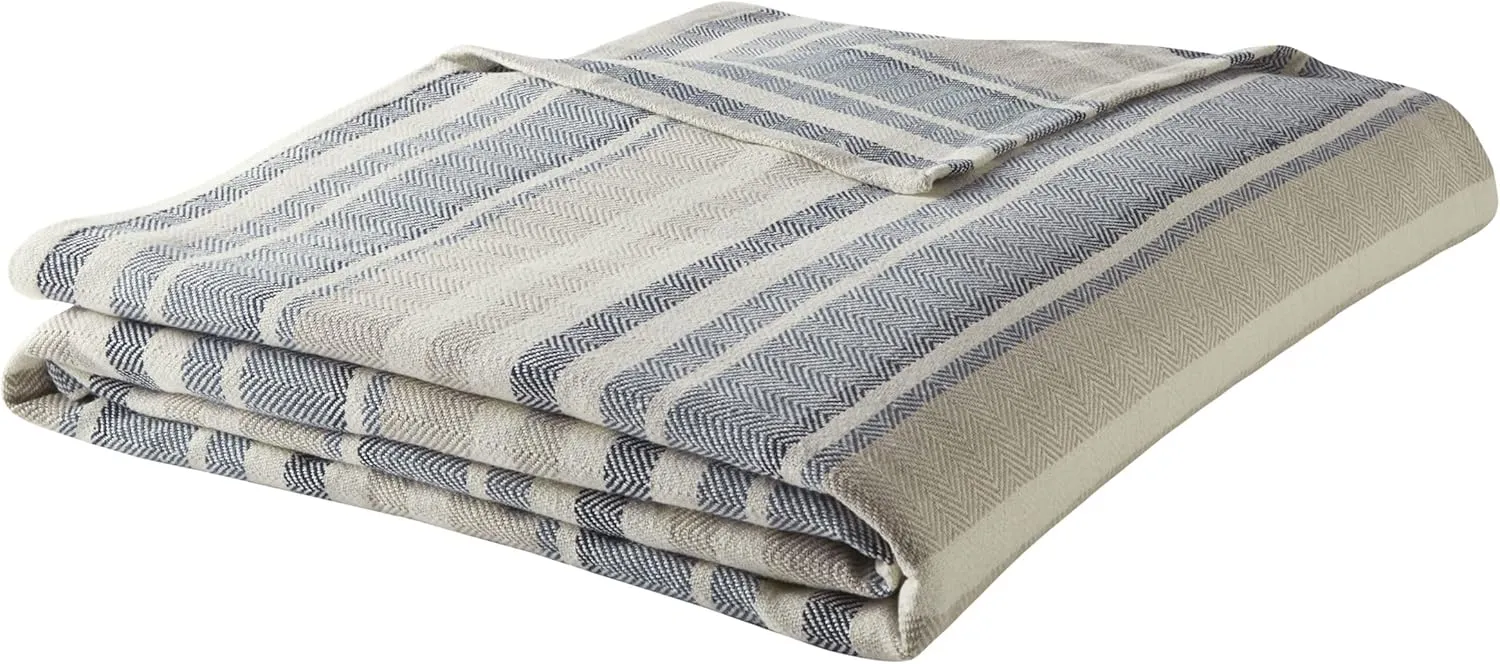 Eddie Bauer - Twin Blanket, Lightweight Cotton Bedding, Home Decor for All Seasons (Herringbone Blue Stripe, Twin)
