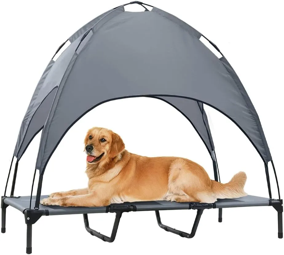 Elevated Dog Bed with Canopy, 48-inch Waterproof Pet Cot, Portable Outdoor Pet Bed with Carry Bag, Indoor/Outdoor Cooling Canopy Dog Tent for Large Dogs (Gray)
