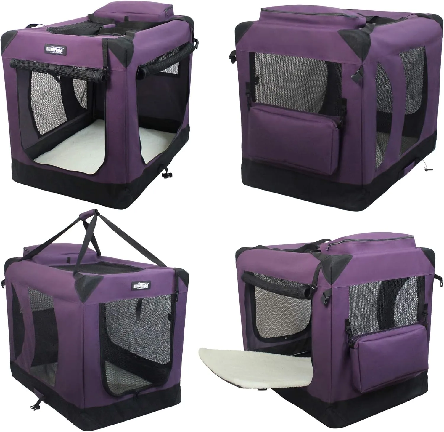 EliteField 3-Door Folding Soft Dog Crate with Carrying Bag and Fleece Bed (2 Year Warranty), Indoor & Outdoor Pet Home (36" L x 24" W x 28" H, Purple)