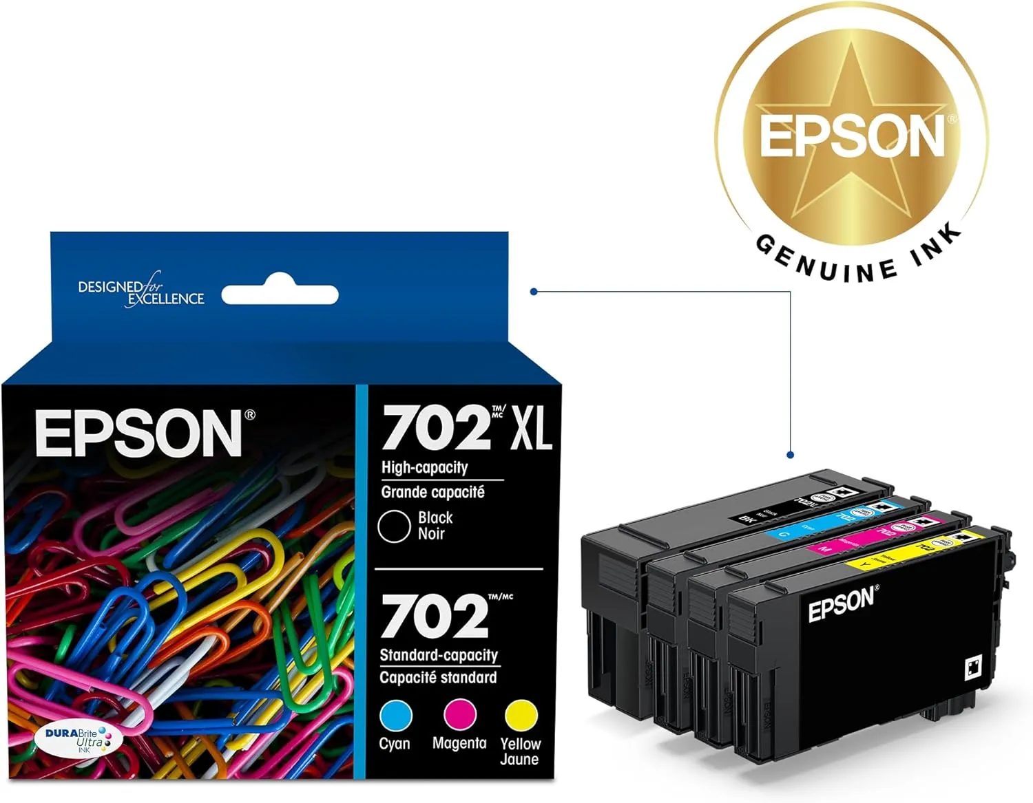 EPSON 702 DURABrite Ultra Ink High Capacity Black & Standard Color Cartridge Combo Pack (T702XL-BCS) Works with WorkForce Pro WF-3720, WF-3730, WF-3733